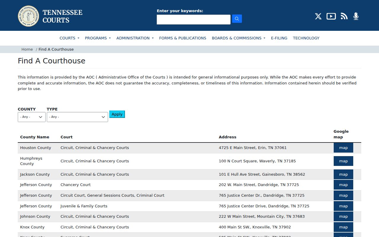 Tennessee courts Houston County courthouse finder results
