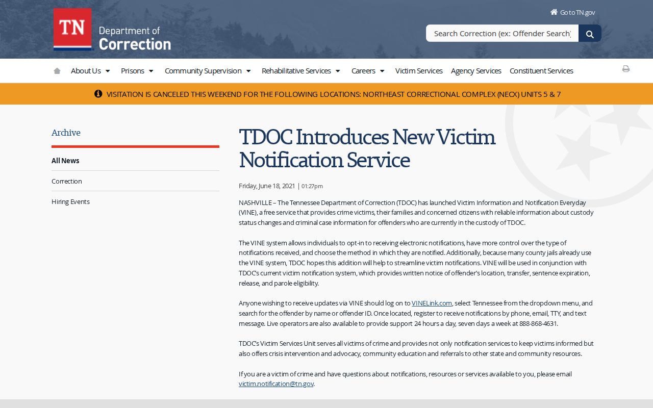 Tennessee VINE service for Houston County inmate release notifications