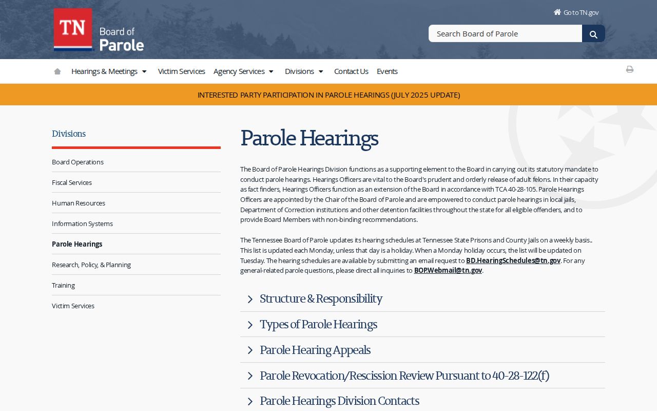 Tennessee Board parole hearing information for Houston County release supervision